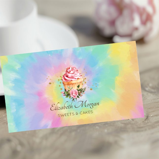 Carte De Visite Elegant Modern Floral Cupcake Tie Dye Bakery (Créateur téléchargé)