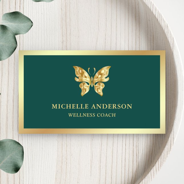 Carte De Visite Élégant Moderne Chic Papillon Feuille Dorée Verte (Créateur téléchargé)