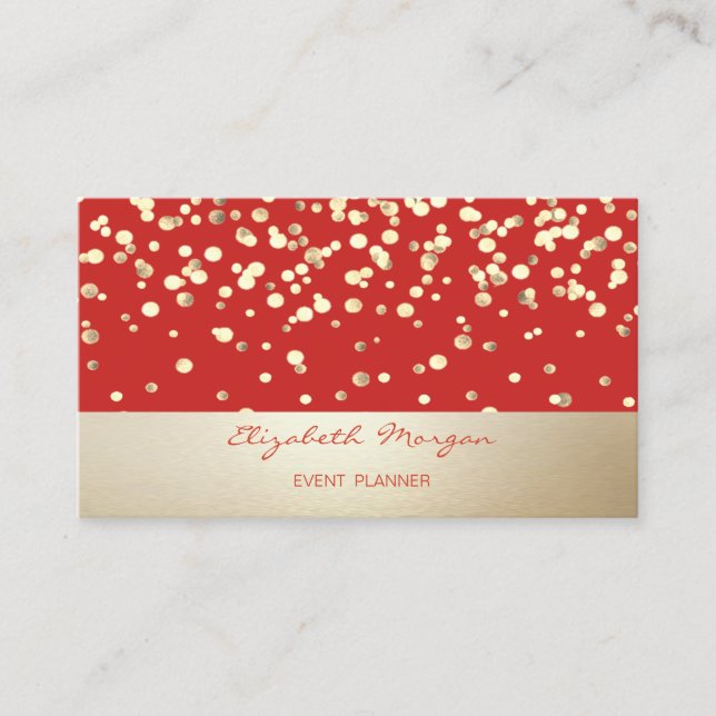 Carte De Visite Élégant, Moderne, Confetti Or, Rouge (Devant)