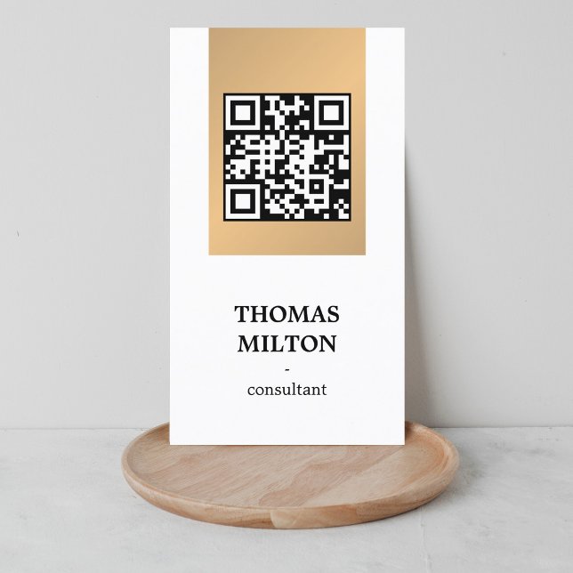 Carte De Visite Élégant Moderne Faux Code QR Blanc Rayure Dorée (Créateur téléchargé)