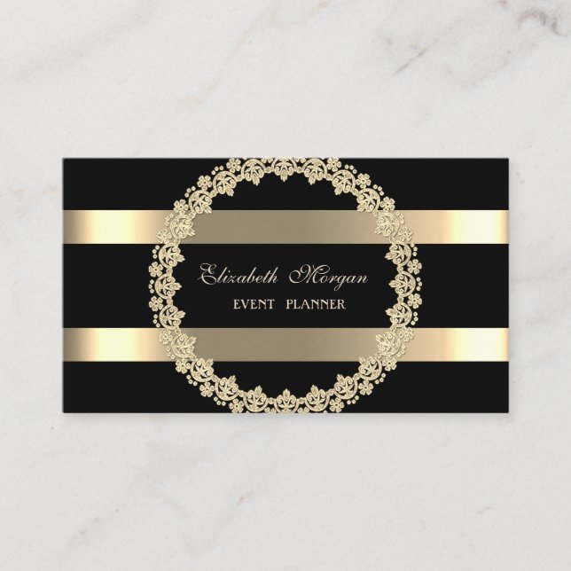 Carte De Visite Élégant moderne, Noir, Cadre Or rayé (Devant)