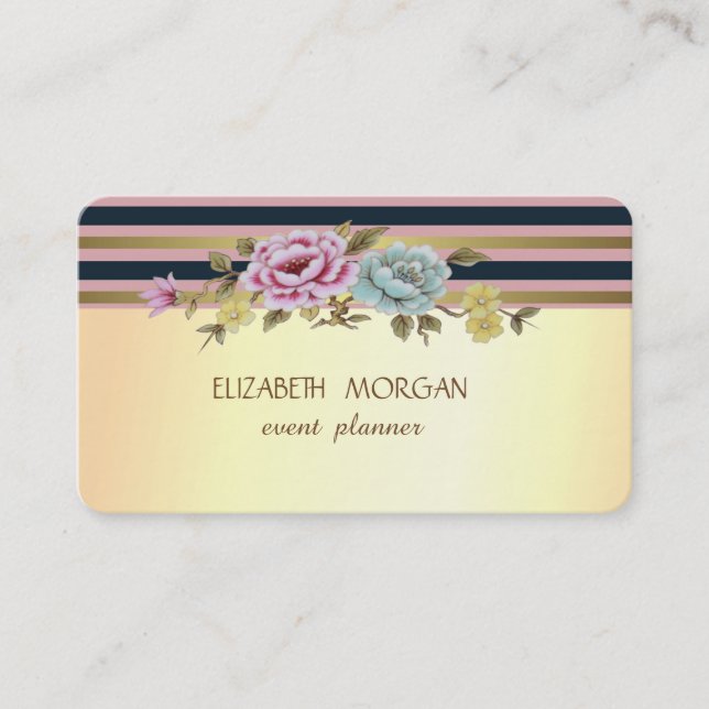 Carte De Visite Élégant Moderne Style Faux Doré Rayé, Fleurs (Devant)