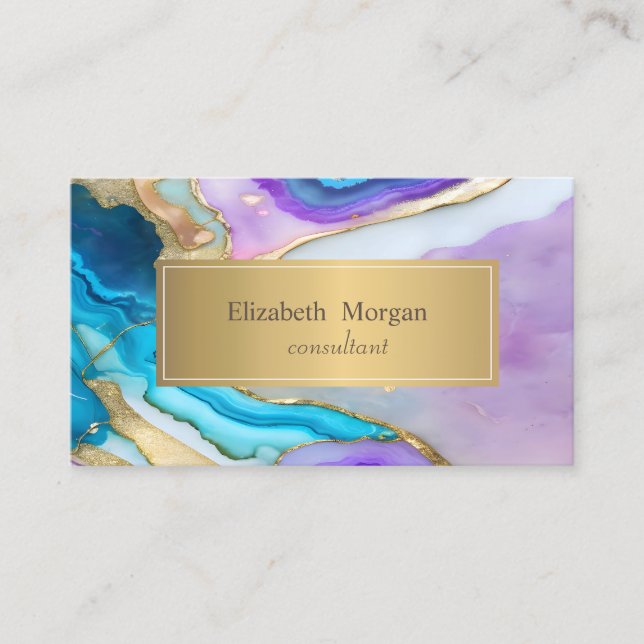 Carte De Visite Élégant Moderne Violet Bleu Marbre Doré  (Devant)