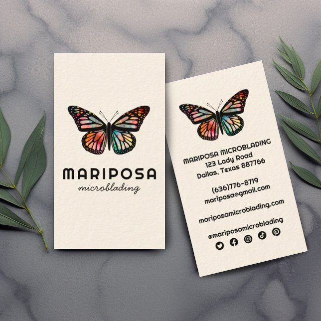 Carte De Visite Elégant Monarch Butterfly Esthetician Beauty Salon (Beautiful watercolor butterflies decorate these custom business cards with social media icons)