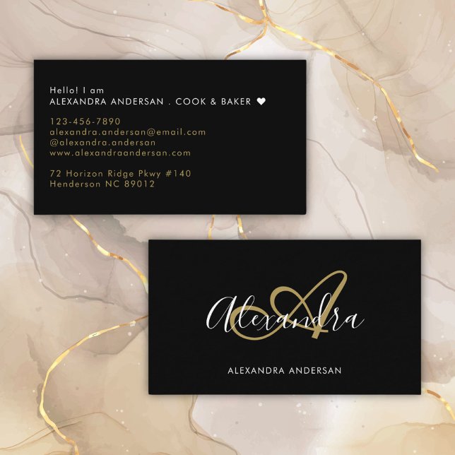 Carte De Visite Élégant Monogram Black Gold Nom de script (Elegant Monogram Black Gold Script Name Business Card)