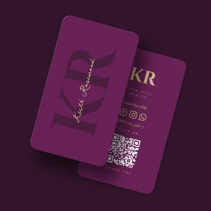 Carte De Visite Élégant Monogram Dark Purple QR code médias sociau