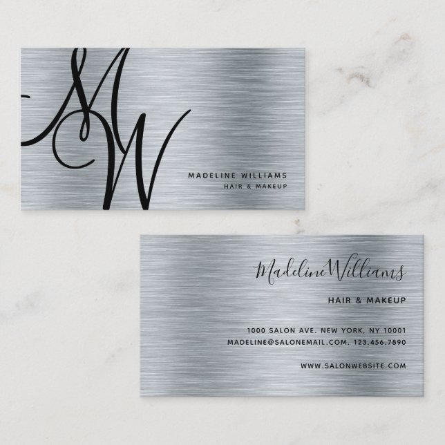 Carte De Visite Élégant Monogram Silver Black Modern Script Nom (Devant / Derrière)