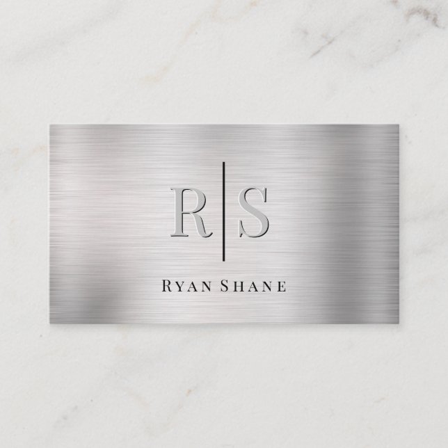 Carte De Visite Élégant monogramme 3D & nom Code QR Argent brossé (Devant)