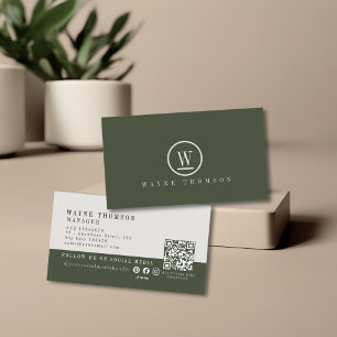 Carte De Visite Élégant Monogramme blanc vert foncé minimal