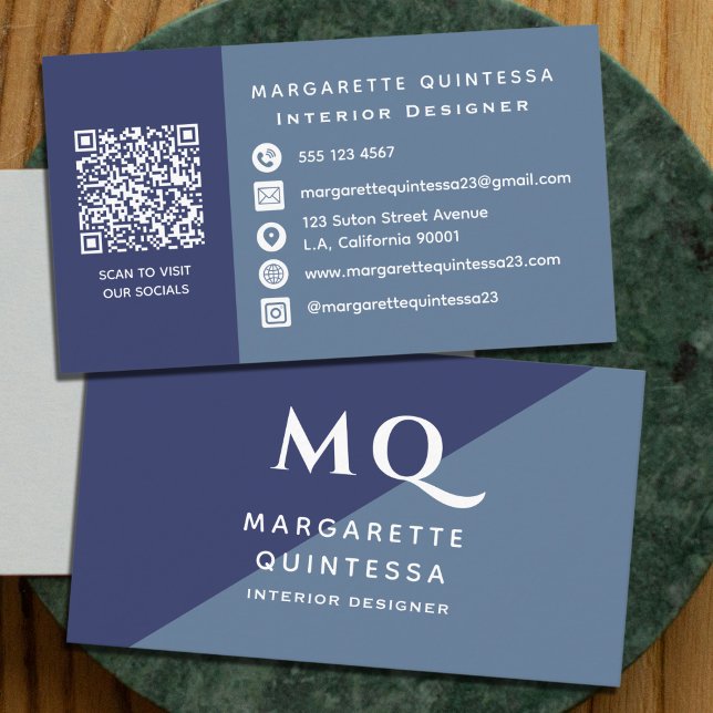 Carte De Visite Élégant Monogramme bleu et blanc de la marine mode (Créateur téléchargé)