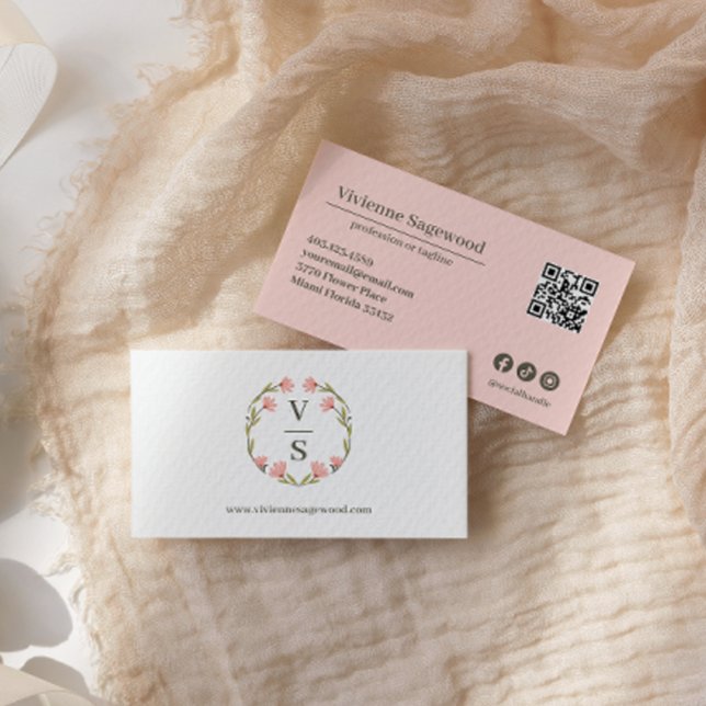 Carte De Visite Élégant Monogramme Botanique Crest Rose vert QRCOD (Créateur téléchargé)