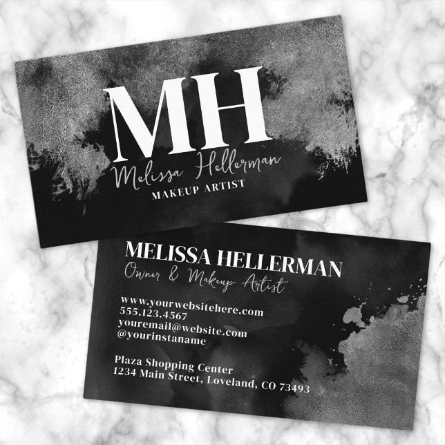 Carte De Visite Élégant Monogramme d'argent noir professionnel (Modern Elegant Black Silver Monogram Business Card)