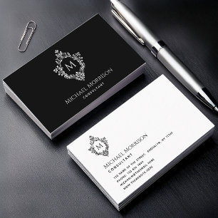 Carte De Visite Élégant Monogramme de crête Vintage noire et blanc