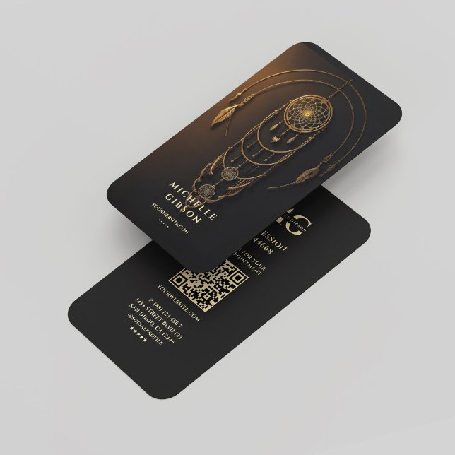 Carte De Visite Élégant Monogramme de Tarot Noir Dream Catcher (Elegant Modern Tarot Monogram Black Gold Business Card
)