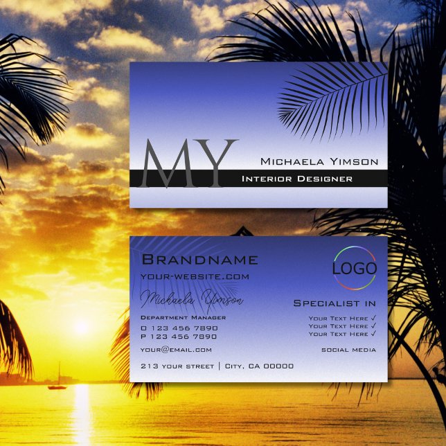 Carte De Visite Élégant Monogramme et logo de feuille de palme ble (Créateur téléchargé)