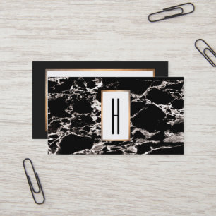 Carte De Visite Élégant Monogramme Moderne, Marbre Noir, Pierre