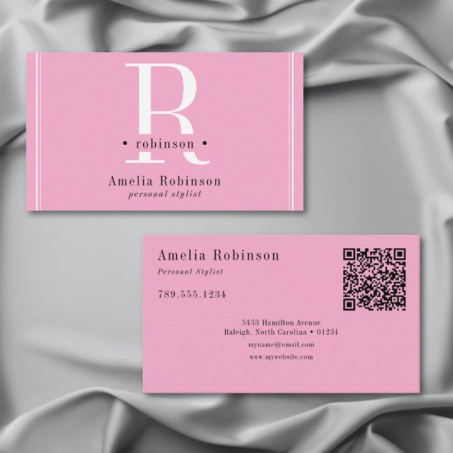 Carte De Visite Élégant Monogramme professionnel rose noir et blan (Elegant Professional Monogram Pink Black & White Business Card)