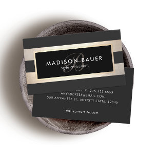 Carte De Visite Élégant monogramme rayé noir et FAUX Gold Foil