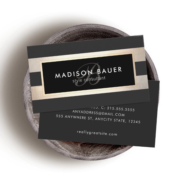 Carte De Visite Élégant monogramme rayé noir et FAUX Gold Foil (Créateur téléchargé)