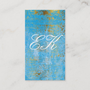 Carte De Visite Élégant Monogramme Script Gold Grunge Blue Texture