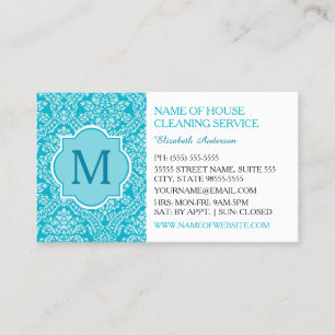 Carte De Visite Élégant Monogramme Turquoise Damask Ménage