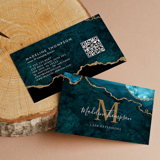 Carte De Visite Élégant Monogramme Turquoise Gold Agate Geode QR C (Créateur téléchargé)