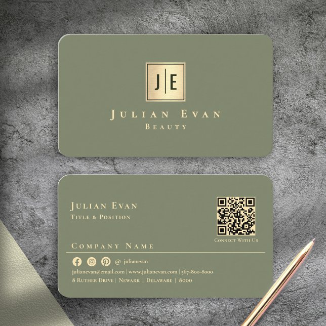 Carte De Visite Élégant Monogramme Vert Sauge Or (Elegant Sage Green Gold Professional Monogram Business Card)