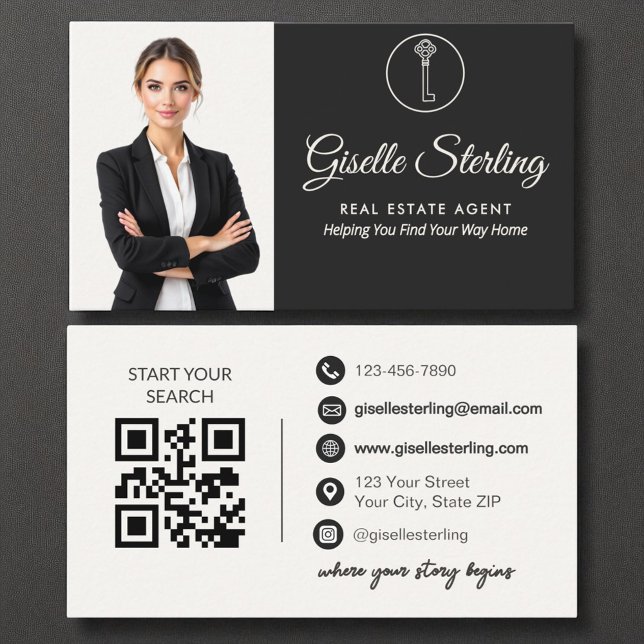 Carte De Visite Elégant Neutral Photo Agent Immobilier QR Code (Créateur téléchargé)