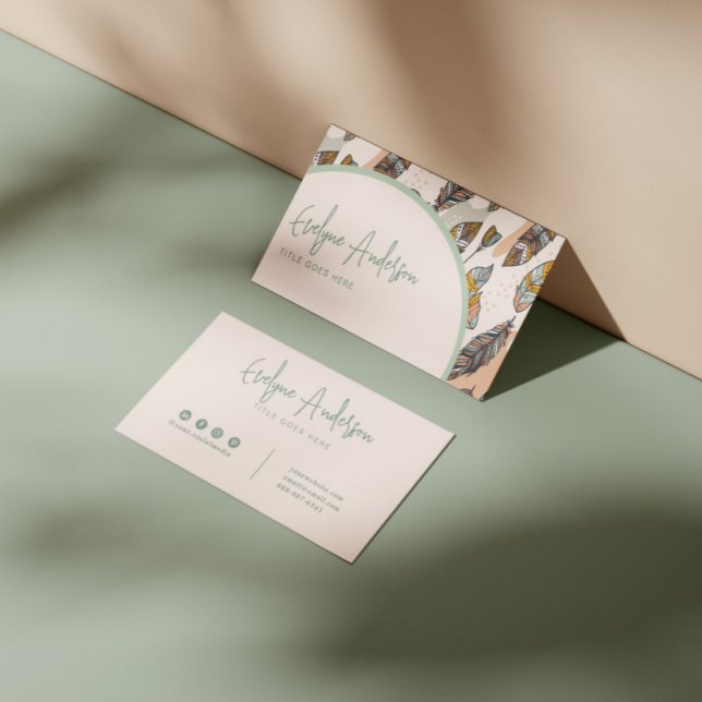 Carte De Visite Élégant Neutre Neutre Boho Chic Feather Indie (Créateur téléchargé)