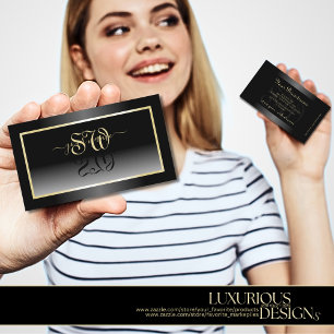 Carte De Visite Elégant Noir Blanc Dégradé Crème Initiales Cadre