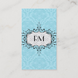 Carte De Visite Elégant noir blanc et bleu Vintage Damas