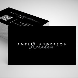 Carte De Visite Élégant Noir Blanc Script simple Code QR Business