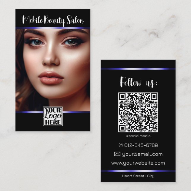 Carte De Visite Élégant noir bleu logo photo QR Code Modèle (Devant / Derrière)