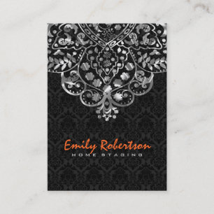 Carte De Visite Elégant noir Damas Argent métal Vintage dentelle