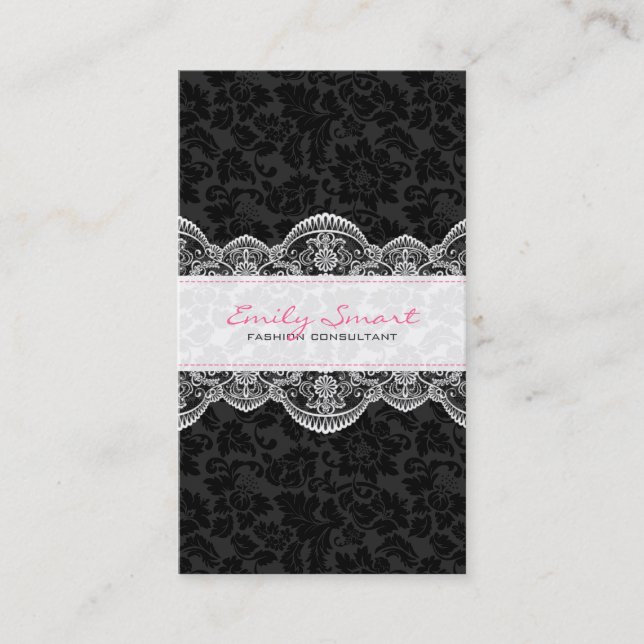 Carte De Visite Elégant noir Damas blanc dentelle (Devant)