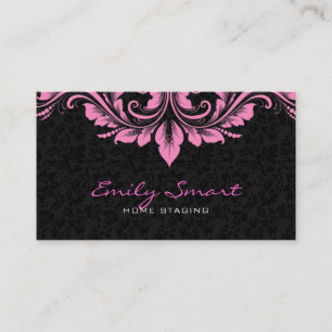 Carte De Visite Élégant noir Damas rose florale torrents