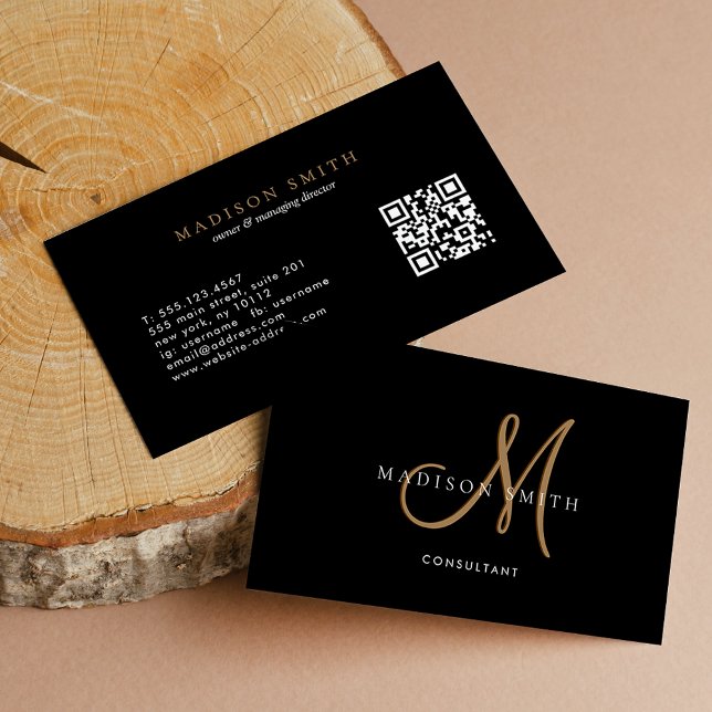 Carte De Visite Élégant Noir élégant Script Monogramme QR Code (Créateur téléchargé)