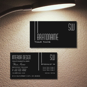 Carte De Visite Elégant noir et blanc avec Initiales Professionnel