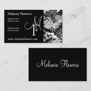 Carte De Visite Élégant noir et blanc Fleurs Vintages Monogramme