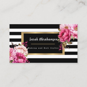 Carte De Visite Élégant noir et blanc rayé floral