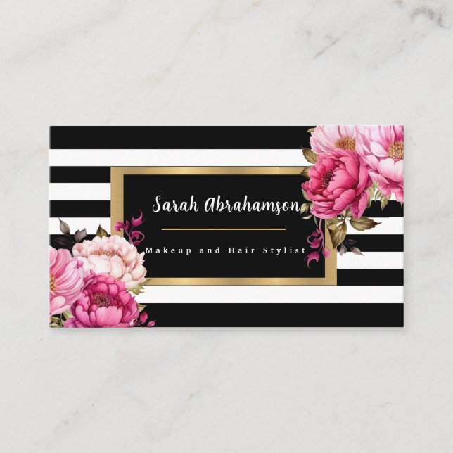 Carte De Visite Élégant noir et blanc rayé floral (Devant)