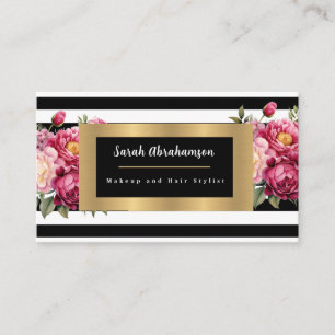 Carte De Visite Élégant noir et blanc rayé floral