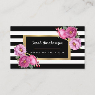 Carte De Visite Élégant noir et blanc rayé floral