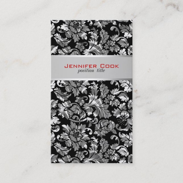 Carte De Visite Élégant noir et gris argenté Damas florales 2 (Devant)
