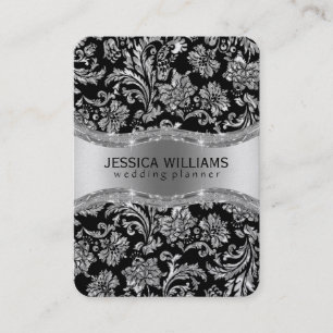 Carte De Visite Elégant noir et gris argenté Vintage Damas