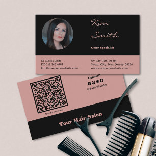 Carte De Visite Élégant noir et rose QR Code Salon de cheveux empl