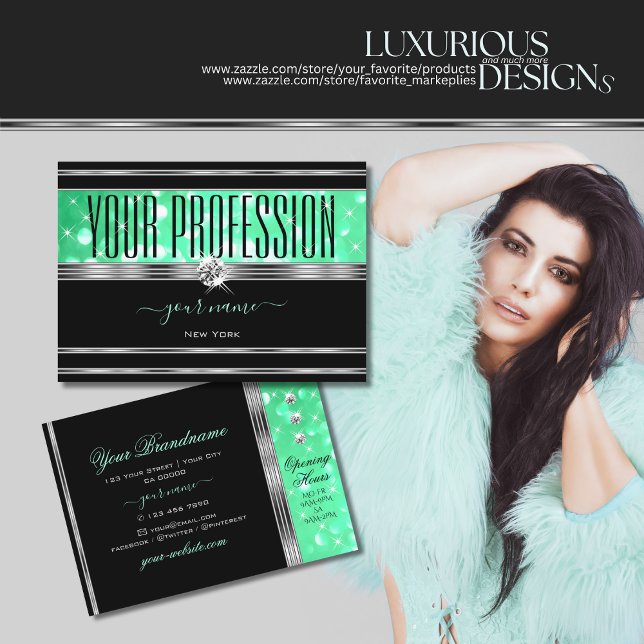 Carte De Visite Elégant noir Mint Green Diamants de Parties scinti (Créateur téléchargé)