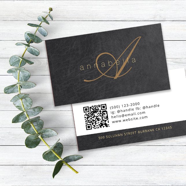 Carte De Visite Élégant Noir Monogramme Luxe Cuir (Créateur téléchargé)