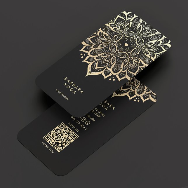 Carte De Visite Élégant Noir Or Mandala Moderne Instructeur de Yog (Elegant Black Gold Mandala Modern Yoga Instructor Business Card
)