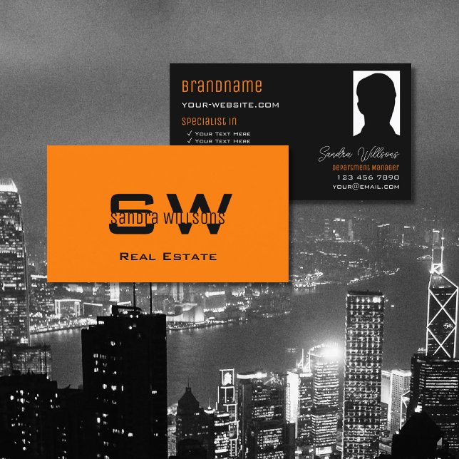 Carte De Visite Élégant noir orange clair avec Monogramme et photo (Créateur téléchargé)